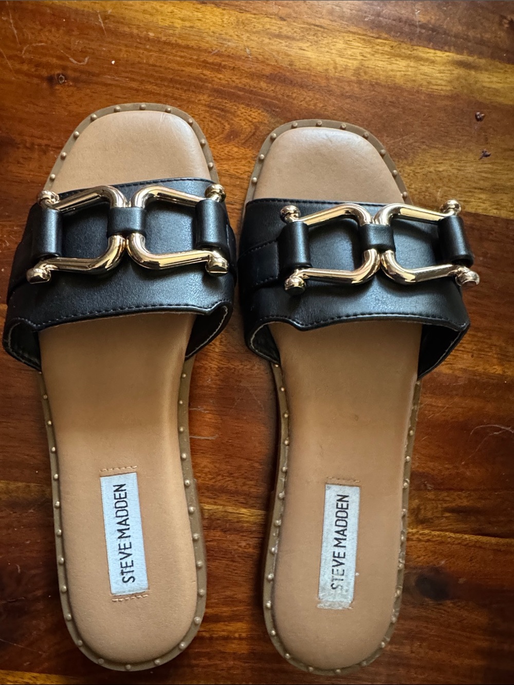 Steve Madden Black Leather Slide Mules with Gold Buckle